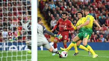 LIVERPOOL, ENGLAND - AUGUST 09: Mohamed Salah of Liverpool scores his sides second goal during the Premier League match between Liverpool FC and Norwich City at Anfield on August 09, 2019 in Liverpool, United Kingdom. (Photo by Michael Regan/Getty Images)