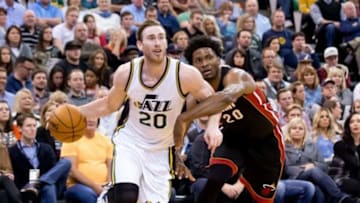 Jan 9, 2016; Salt Lake City, UT, USA; Utah Jazz forward Gordon Hayward (20) dribbles the ball around Miami Heat forward Justise Winslow (20) during the second half at Vivint Smart Home Arena. The Jazz won 98-83. Mandatory Credit: Russ Isabella-USA TODAY Sports