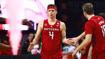 PISCATAWAY, NJ - MARCH 05: Paul Mulcahy #4 of the Rutgers Scarlet Knights is introduced during a senior night ceremony before a game against the Northwestern Wildcats at Jersey Mike's Arena on March 5, 2023 in Piscataway, New Jersey. (Photo by Rich Schultz/Getty Images)