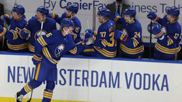 Jan 31, 2021; Buffalo, New York, USA; Buffalo Sabres defenseman Rasmus Dahlin (26) celebrates his goal during the second period against the New Jersey Devils at KeyBank Center. Mandatory Credit: Timothy T. Ludwig-USA TODAY Sports