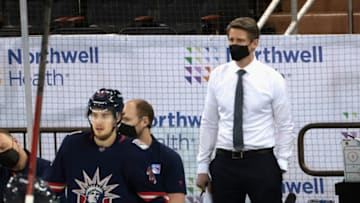 NEW YORK, NEW YORK - MARCH 17: Handling coaching duties for the New York Rangers against the Philadelphia Flyers are Hartford Wolf Pack Head Coach Kris Knoblauch (seen here watching warm-ups), Wolf Pack Associate Head Coach Gord Murphy and Rangers Associate General Manager Chris Drury. Due to the NHL COVID-10 protocol, the Rangers coaching staff were not available for tonights game. at Madison Square Garden on March 17, 2021 in New York City. (Photo by Bruce Bennett/Getty Images)