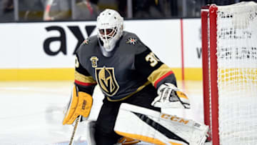 LAS VEGAS, NV - OCTOBER 21: Goalie Malcolm Subban #30 of the Vegas Golden Knights looks on against the St. Louis Blues at T-Mobile Arena on October 21, 2017 in Las Vegas, Nevada. The Golden Knights won 3-2 in overtime. (Photo by David Becker/NHLI via Getty Images)