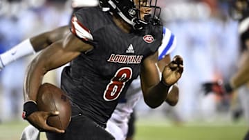 Oct 14, 2016; Louisville, KY, USA; Louisville Cardinals quarterback Lamar Jackson (8) runs the ball against the Duke Blue Devils during the second half at Papa John