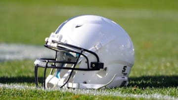 Nov 17, 2012; University Park, PA, USA; Penn State Nittany Lions helmet sits on the field prior to the game against the Indiana Hoosiers at Beaver Stadium. Mandatory Credit: Rich Barnes-USA TODAY Sports