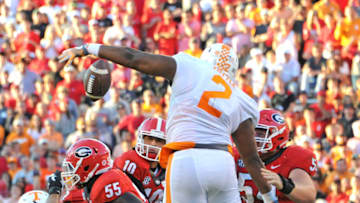 ATHENS, GA - OCTOBER 1: Jacob Eason #10 of the Georgia Bulldogs has his pass batted down by Shy Tuttle #2 of the Tennessee Volunteers at Sanford Stadium on October 1, 2016 in Athens, Georgia. (Photo by Scott Cunningham/Getty Images)