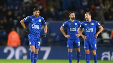 LEICESTER, ENGLAND - DECEMBER 26: a dejected Riyad Mahrez (L) of Leicester City and teammates look on during the Premier League match between Leicester City and Everton at The King Power Stadium on December 26, 2016 in Leicester, England. (Photo by Michael Regan/Getty Images)