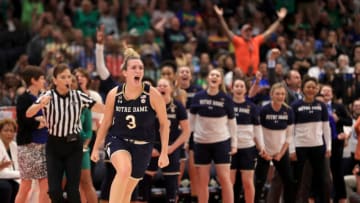 TAMPA, FLORIDA - APRIL 07: Marina Mabrey #3 of the Notre Dame Fighting Irish celebrates her basket against the Baylor Lady Bears during the fourth quarter in the championship game of the 2019 NCAA Women's Final Four at Amalie Arena on April 07, 2019 in Tampa, Florida. (Photo by Mike Ehrmann/Getty Images)