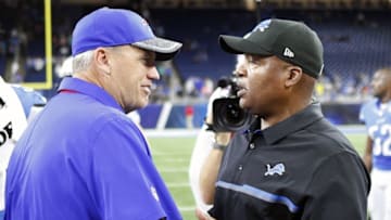Sep 1, 2016; Detroit, MI, USA; Detroit Lions head coach Jim Caldwell (right) shakes hands with Buffalo Bills head coach Rex Ryan (left) after the game at Ford Field. Lions win 31-0. Mandatory Credit: Raj Mehta-USA TODAY Sports