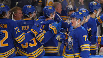 Jan 19, 2023; Buffalo, New York, USA; Buffalo Sabres left wing Victor Olofsson (71) celebrates his goal with teammates during the third period against the New York Islanders at KeyBank Center. Mandatory Credit: Timothy T. Ludwig-USA TODAY Sports