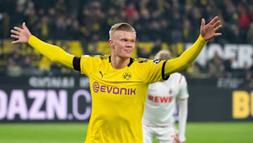 DORTMUND, GERMANY - JANUARY 24: (BILD ZEITUNG OUT) Erling Haaland of Borussia Dortmund celebrates after scoring his team's fourth goal during the Bundesliga match between Borussia Dortmund and 1. FC Koeln at Signal Iduna Park on January 24, 2020 in Dortmund, Germany. (Photo by TF-Images/Getty Images)