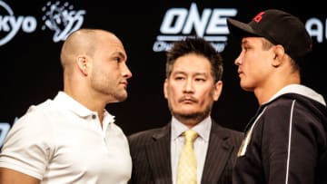 Eddie Alvarez and Timofey Nastyukhin face off at ONE Championship's Thursday media event for ONE: A NEW ERA in Tokyo, Japan. (photo by Amy Kaplan/FanSided)