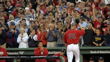 Oct 4, 2013; Boston, MA, USA; Boston Red Sox starting pitcher Jon Lester (31) tips his cap to the fans after being relieved during the eighth inning in game one of the American League divisional series playoff baseball game against the Tampa Bay Rays at Fenway Park. Mandatory Credit: Bob DeChiara-USA TODAY Sports