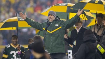 Nov 26, 2015; Green Bay, WI, USA; Former Green Bay Packers quarterback Brett Favre addresses the crowd during halftime of the NFL game against the Chicago Bears on Thanksgiving at Lambeau Field. Mandatory Credit: Jeff Hanisch-USA TODAY Sports