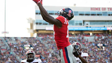 OXFORD, MS - SEPTEMBER 8: D.K. Metcalf #14 of the Mississippi Rebels catches a pass for a touchdown during a game against the Southern Illinois Salukis at Vaught-Hemingway Stadium on September 8, 2018 in Oxford, Mississippi. The Rebels defeated the Salukis 76-41. (Photo by Wesley Hitt/Getty Images)