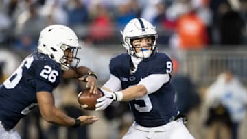 UNIVERSITY PARK, PA - NOVEMBER 18: Trace McSorley #9 of the Penn State Nittany Lions hands the ball of to Saquon Barkley #26 during the first quarter against the Nebraska Cornhuskers on November 18, 2017 at Beaver Stadium in University Park, Pennsylvania. (Photo by Brett Carlsen/Getty Images)