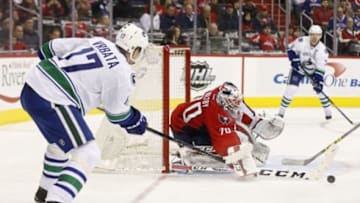 Jan 14, 2016; Washington, DC, USA; Washington Capitals goalie Braden Holtby (70) makes a save on Vancouver Canucks right wing Radim Vrbata (17) in the third period at Verizon Center. The Capitals won 4-1. Mandatory Credit: Geoff Burke-USA TODAY Sports