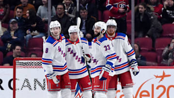 Feb 27, 2020; Montreal, Quebec, CAN; New York Rangers forward Ryan Strome (16) reacts with teammates including Phillip Di Giuseppe (33)after scoring a goal against the Montreal Canadiens during the third period at the Bell Centre. Mandatory Credit: Eric Bolte-USA TODAY Sports