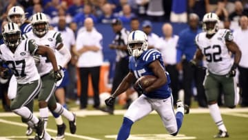 Sep 21, 2015; Indianapolis, IN, USA; Indianapolis Colts receiver Phillip Dorsett (15) runs the ball against the New York Jets at Lucas Oil Stadium. Mandatory Credit: Thomas J. Russo-USA TODAY Sports