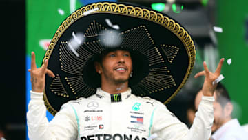 MEXICO CITY, MEXICO - OCTOBER 27: Race winner Lewis Hamilton of Great Britain and Mercedes GP celebrates on the podium during the F1 Grand Prix of Mexico at Autodromo Hermanos Rodriguez on October 27, 2019 in Mexico City, Mexico. (Photo by Clive Mason/Getty Images)
