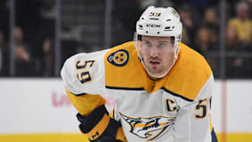 LAS VEGAS, NEVADA - JANUARY 23: Roman Josi #59 of the Nashville Predators waits for a faceoff in the first period of a game against the Vegas Golden Knights at T-Mobile Arena on January 23, 2019 in Las Vegas, Nevada. The Predators defeated the Golden Knights 2-1. (Photo by Ethan Miller/Getty Images)