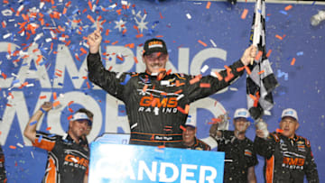 JOLIET, ILLINOIS - JUNE 28: Brett Moffitt, driver of the #24 GMS Chevrolet, celebrates in Victory Lane after winning the NASCAR Gander Outdoors Truck Series Camping World 225 at Chicagoland Speedway on June 28, 2019 in Joliet, Illinois. (Photo by Matt Sullivan/Getty Images)