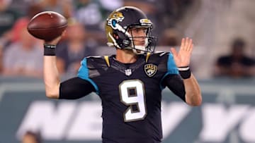 Aug 11, 2016; East Rutherford, NJ, USA; Jacksonville Jaguars quarterback Brandon Allen (9) drops back to pass against the New York Jets during the fourth quarter of a preseason game at MetLife Stadium. Mandatory Credit: Brad Penner-USA TODAY Sports