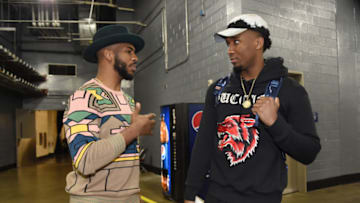 HOUSTON, TX - MAY 8: Chris Paul #3 of the Houston Rockets talks with Donovan Mitchell #45 of the Utah Jazz after the game during Game Five of the Western Conference Semifinals of the 2018 NBA Playoffs on May 8, 2018 at the Toyota Center in Houston, Texas. Copyright 2018 NBAE (Photo by Andrew D. Bernstein/NBAE via Getty Images)
