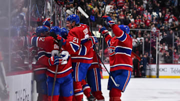 MONTREAL, QC - FEBRUARY 08: The Montreal Canadiens celebrate their overtime victory against the Toronto Maple Leafs at the Bell Centre on February 8, 2020 in Montreal, Canada. The Montreal Canadiens defeated the Toronto Maple Leafs 2-1 in overtime. (Photo by Minas Panagiotakis/Getty Images)
