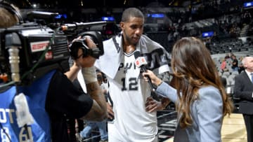 SAN ANTONIO, TX - OCTOBER 18: LaMarcus Aldridge #12 of the San Antonio Spurs speaks to the media after the game against the Minnesota Timberwolves on October 18, 2017 at the AT&T Center in San Antonio, Texas. NOTE TO USER: User expressly acknowledges and agrees that, by downloading and or using this photograph, user is consenting to the terms and conditions of the Getty Images License Agreement. Mandatory Copyright Notice: Copyright 2017 NBAE (Photos by Mark Sobhani/NBAE via Getty Images)