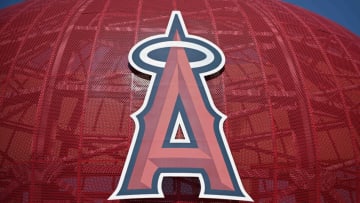 Apr 15, 2020; Anaheim, California, USA; General overall view of the Los Angeles Angels logo at Angel Stadium of Anaheim amid the global coronavirus COVID-19 pandemic. Mandatory Credit: Kirby Lee-USA TODAY NETWORK