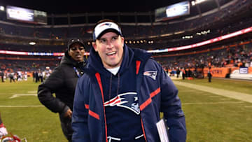 Dec 18, 2016; Denver, CO, USA; New England Patriots Josh McDaniels offensive coordinator reacts as he leaves the field following the win against the Denver Broncos at Sports Authority Field. The Patriots defeated the Broncos 16-3. Mandatory Credit: Ron Chenoy-USA TODAY Sports