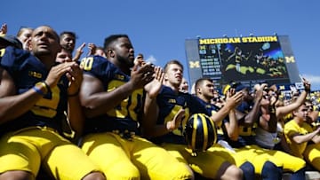 Sep 3, 2016; Ann Arbor, MI, USA; Michigan Wolverines players celebrate after the game against the Hawaii Warriors at Michigan Stadium. Michigan won 63-3. Mandatory Credit: Rick Osentoski-USA TODAY Sports