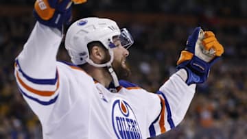 Jan 5, 2017; Boston, MA, USA; Edmonton Oilers left wing Patrick Maroon (19) celebrates after a score during the second period against the Boston Bruins at TD Garden. Mandatory Credit: Greg M. Cooper-USA TODAY Sports