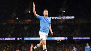 MANCHESTER, ENGLAND - DECEMBER 29: Kevin De Bruyne of Manchester City celebrates his goal to make it 2-0 during the Premier League match between Manchester City and Sheffield United at Etihad Stadium on December 29, 2019 in Manchester, United Kingdom. (Photo by Michael Regan/Getty Images)
