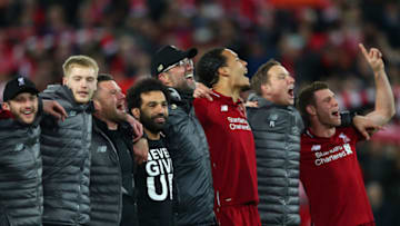 LIVERPOOL, ENGLAND - MAY 07: Jurgen Klopp, Manager of Liverpool and Mohamed Salah of Liverpool and team mates celebrate after the UEFA Champions League Semi Final second leg match between Liverpool and Barcelona at Anfield on May 07, 2019 in Liverpool, England. (Photo by Clive Brunskill/Getty Images)