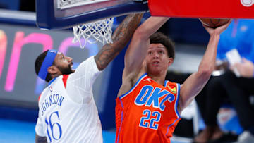OKC Thunder center Isaiah Roby (22) shoots as New Orleans Pelicans forward James Johnson (16): Alonzo Adams-USA TODAY Sports