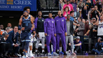 SACRAMENTO, CA - OCTOBER 24: The Sacramento Kings bench reacts during the game against the Memphis Grizzlies on October 24, 2018 at Golden 1 Center in Sacramento, California. NOTE TO USER: User expressly acknowledges and agrees that, by downloading and or using this photograph, User is consenting to the terms and conditions of the Getty Images Agreement. Mandatory Copyright Notice: Copyright 2018 NBAE (Photo by Rocky Widner/NBAE via Getty Images)