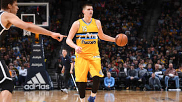 DENVER, CO - FEBRUARY 24: Nikola Jokic #15 of the Denver Nuggets handles the ball during a game against the Brooklyn Nets on February 24, 2017 at the Pepsi Center in Denver, Colorado. NOTE TO USER: User expressly acknowledges and agrees that, by downloading and/or using this Photograph, user is consenting to the terms and conditions of the Getty Images License Agreement. Mandatory Copyright Notice: Copyright 2017 NBAE (Photo by Garrett Ellwood/NBAE via Getty Images)