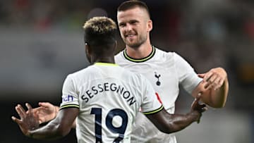 Tottenham Hotspur's Eric Dier (R) celebrates his goal with teammate Ryan Sessegnon during the exhibition football match between Tottenham Hotspur and Team K League at Seoul World Cup Stadium in Seoul on July 13, 2022. (Photo by Jung Yeon-je / AFP) (Photo by JUNG YEON-JE/AFP via Getty Images)