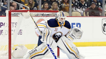 Mar 29, 2016; Pittsburgh, PA, USA; Buffalo Sabres goalie Chad Johnson (31) guards the net against the Pittsburgh Penguins during the second period at the CONSOL Energy Center. The Penguins won 5-4 in a shootout. Mandatory Credit: Charles LeClaire-USA TODAY Sports