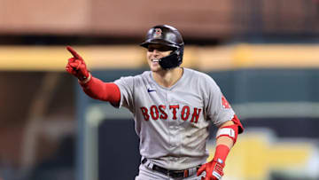 HOUSTON, TEXAS - OCTOBER 15: Enrique Hernandez #5 of the Boston Red Sox reacts after he hit a double in the fourth inning against the Houston Astros during Game One of the American League Championship Series at Minute Maid Park on October 15, 2021 in Houston, Texas. (Photo by Carmen Mandato/Getty Images)