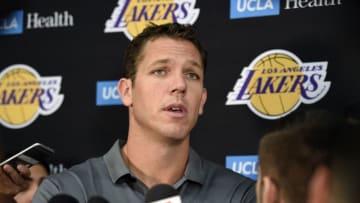 EL SEGUNDO, CA - SEPTEMBER 25: Luke Walton, head coach of the Los Angeles Lakers, speaks during media day September 25, 2017, in El Segundo, California. NOTE TO USER: User expressly acknowledges and agrees that, by downloading and/or using this photograph, user is consenting to the terms and conditions of the Getty Images License Agreement. (Photo by Kevork Djansezian/Getty Images)