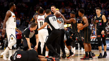 Miami Heat and Denver Nuggets scuffle(Photo by Jamie Schwaberow/Getty Images)