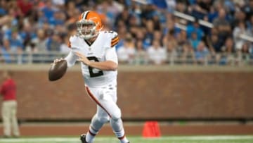 Aug 9, 2014; Detroit, MI, USA; Cleveland Browns quarterback Johnny Manziel (2) drops back to pass during the third quarter against the Detroit Lions at Ford Field. Mandatory Credit: Tim Fuller-USA TODAY Sports