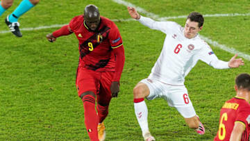 HEVERLEE, BELGIUM - NOVEMBER 18: Romelu Lukaku of Belgium and Andreas Christensen of Denmark compete for the ball during the UEFA Nations League group stage match between Belgium and Denkmark at King Power at Den Dreef Stadion on November 18, 2020 in Heverlee, Belgium. Football Stadiums around Europe remain empty due to the Coronavirus Pandemic as Government social distancing laws prohibit fans inside venues resulting in fixtures being played behind closed doors. (Photo by Sylvain Lefevre/Getty Images)