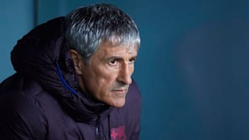 BILBAO, SPAIN - FEBRUARY 06: Quique Setien of FC Barcelona looks on during the Copa del Rey quarter final match between Athletic Bilbao and FC Barcelona at Estadio de San Mames on February 06, 2020 in Bilbao, Spain. (Photo by Juan Manuel Serrano Arce/Getty Images)