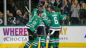 DALLAS, TX - FEBRUARY 05: Dallas Stars center Martin Hanzal (10) celebrates a goal with his teammates during the game between the Dallas Stars and the New York Rangers on February 5, 2018 at the American Airlines Center in Dallas, Texas. Dallas defeats New York 2-1. (Photo by Matthew Pearce/Icon Sportswire via Getty Images)