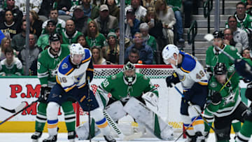 DALLAS, TX - NOVEMBER 29: Ben Bishop #30 of the Dallas Stars tends goal against the St. Louis Blues at the American Airlines Center on November 29, 2019 in Dallas, Texas. (Photo by Glenn James/NHLI via Getty Images)