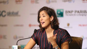 SINGAPORE - OCTOBER 21: Garbine Muguruza of Spain attends All Access Hour prior to the BNP Paribas WTA Finals Singapore presented by SC Global at Marina Bay Sands Hotel on October 21, 2017 in Singapore. (Photo by Matthew Stockman/Getty Images)