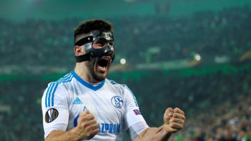 MOENCHENGLADBACH, GERMANY - MARCH 16: Sead Kolasinac of Schalke celebrate the 2-2 against Moenchengladbach after the UEFA Europa League round of 16 soccer match between Borussia Moenchengladbach and FC Schalke 04 at the Borussia Park in Moenchengladbach Germany on March 16, 2017. (Photo by Ina Fassbender/Anadolu Agency/Getty Images)